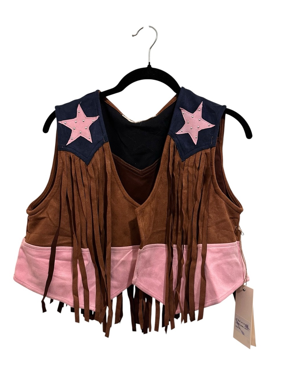 Fringed Faux-Suede Cowgirl Crop Vest in Brown and Pink